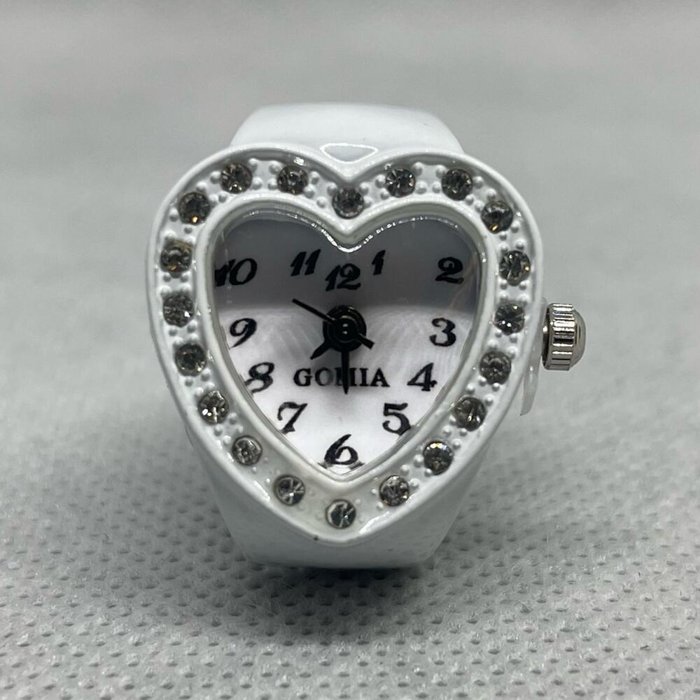 Retro White Enameled Stainless Steel Stretch Band Ring Watch With Rhinestones